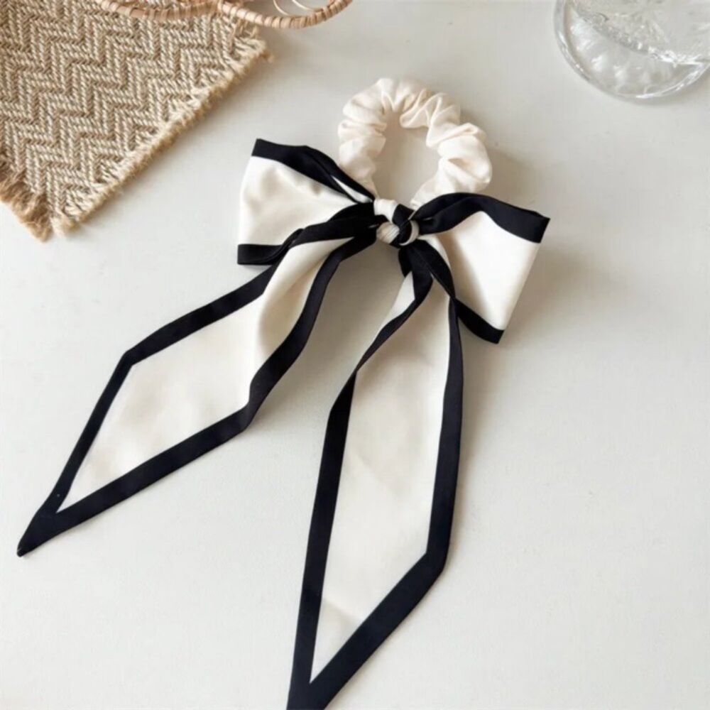 NEW Designer Inspired Classic Ivory and Black Silk Hair Scrunchie Tie